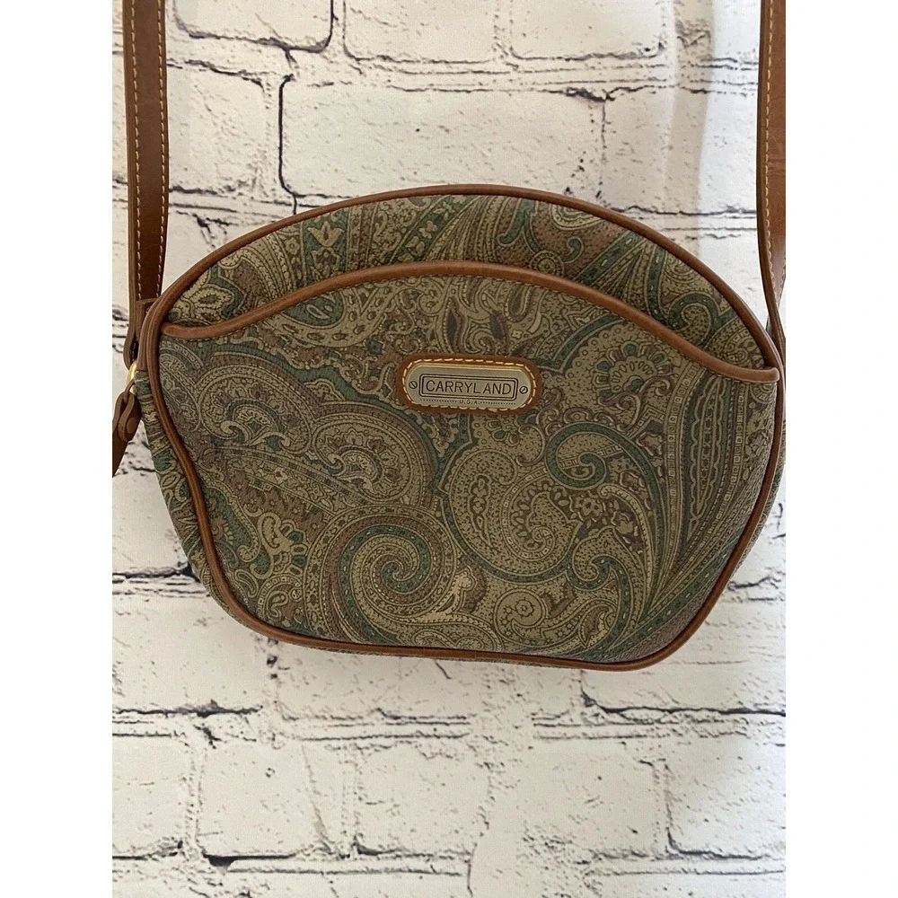 Vtg 1989's Brown Green Oatmeal Carryland Purse